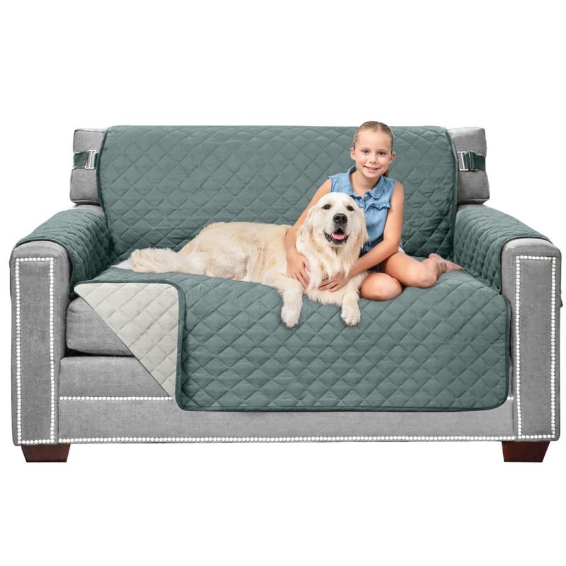 Sofa Shield Loveseat Slip Cover with Patented Strap, Cushion Protector, US Designed Reversible Stain and Dog Tear Resistant Slipcover, 54 inch Seat, Washable Covers for Dogs Pets, Seafoam Cream - Image 1